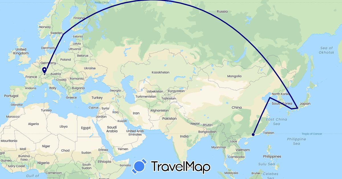 TravelMap itinerary: driving in Switzerland, China, Japan, Sweden (Asia, Europe)